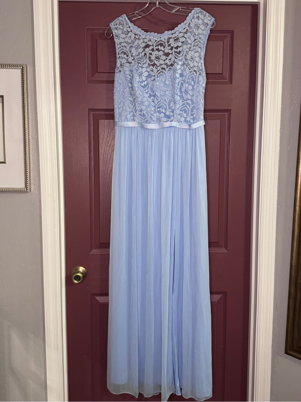 David's Bridal Light Blue Lace Bodice Chiffon Gown